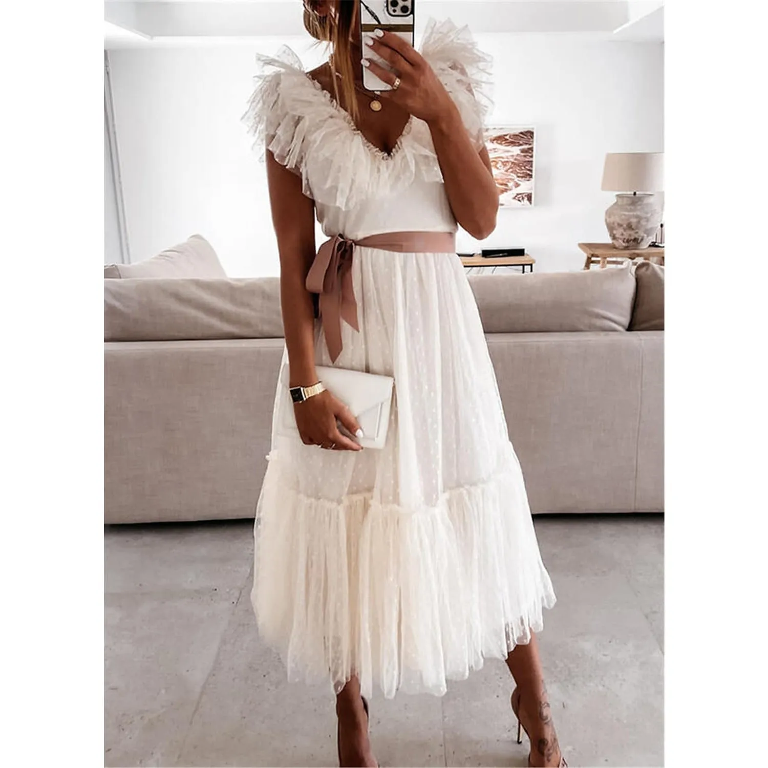 Women's V-Neck Solid Pleated Dress