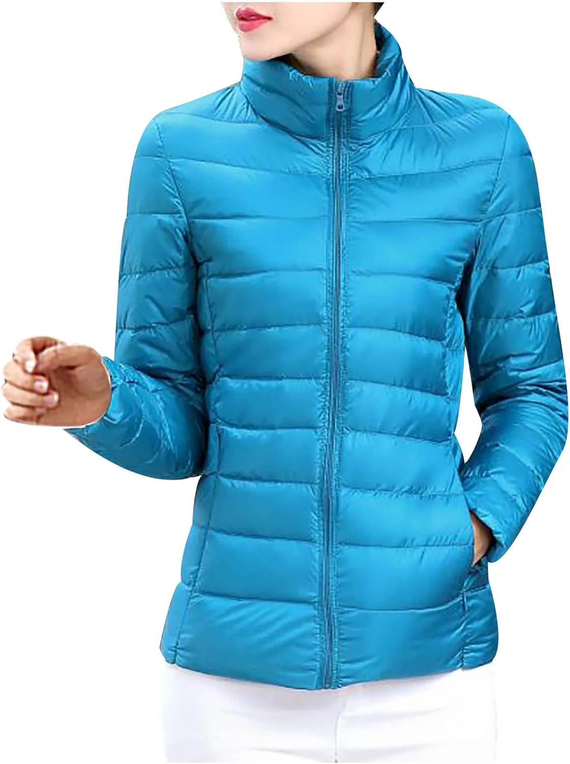 XUETON Womens Down Puffer Jacket Lightweight Water-Resistant Winter Coat Insulated Packable Long Sleeve Outwear(A-Blue,X-Large)